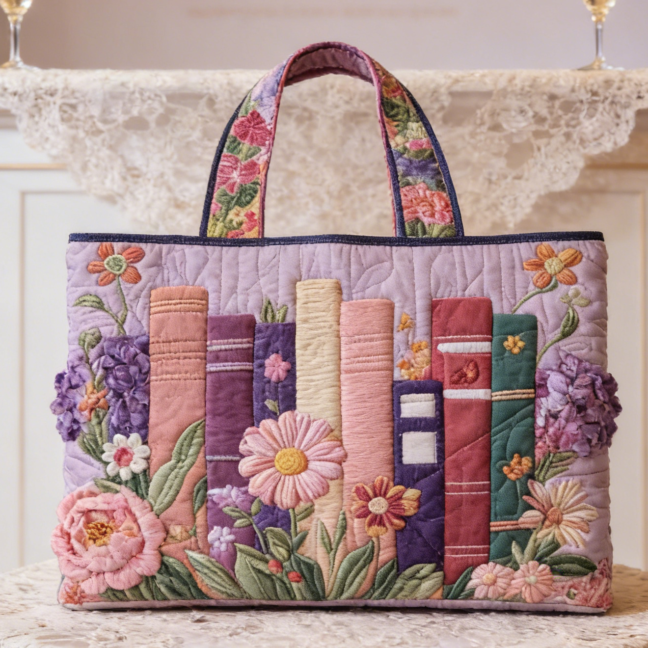 Pastel Book & Floral Quilted Tote Bag VMBL6814