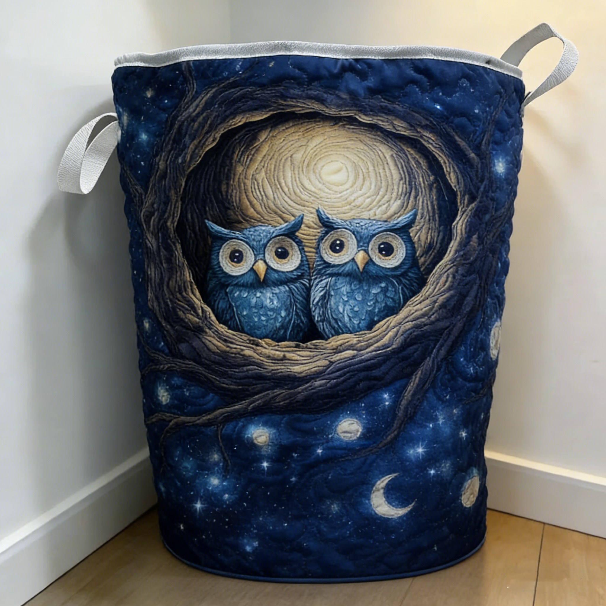 Starry Night Owl Pair Quilted Laundry Basket [Real Shot]55