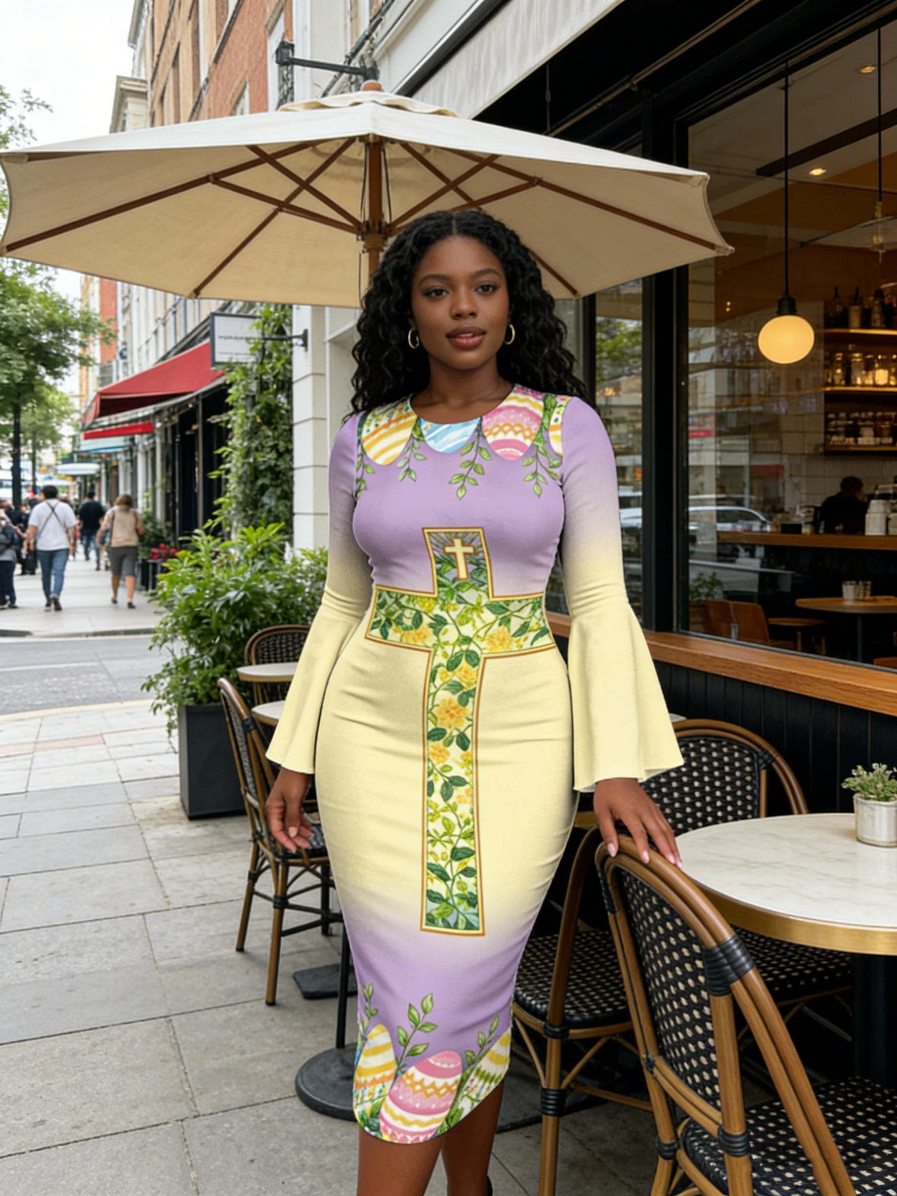 Ombre Purple-Yellow Cross Easter Flare Sleeve Bodycon Midi Dress
