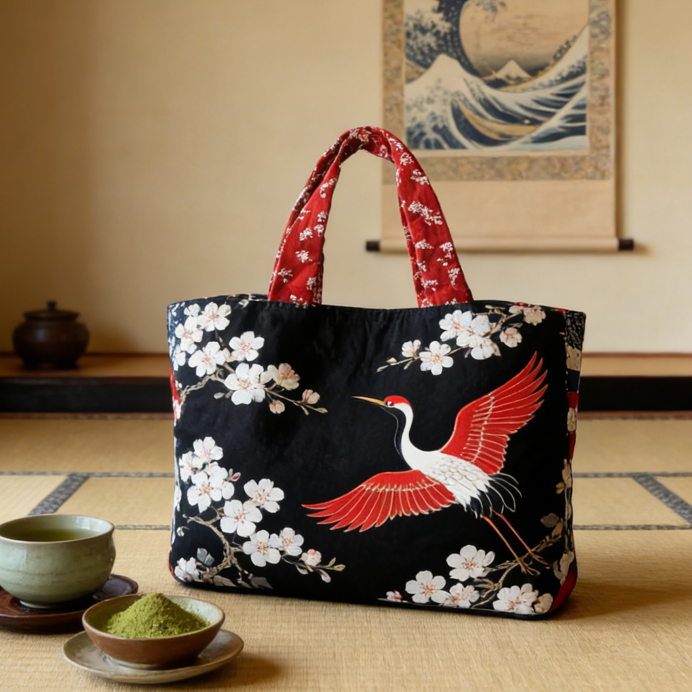 Crane & Cherry Blossom Quilted Tote Bag NV7036