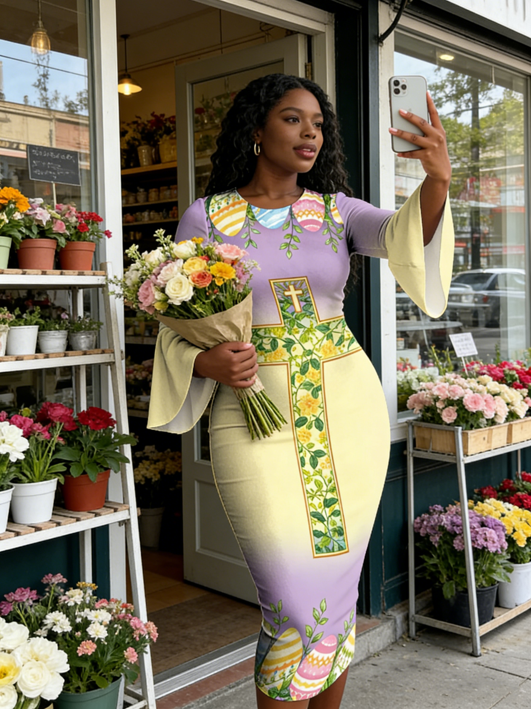 Ombre Purple-Yellow Cross Easter Flare Sleeve Bodycon Midi Dress