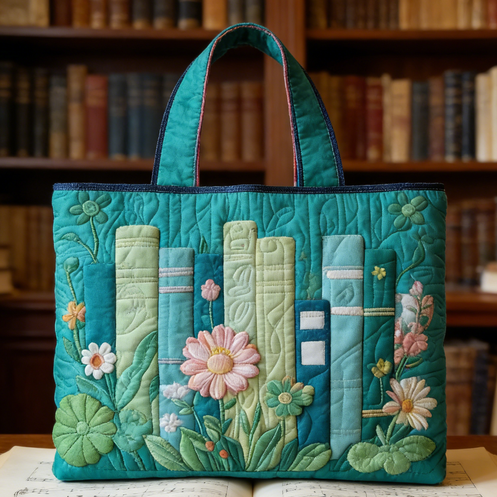 Teal Book & Bloom Quilted Tote Bag XODN8036