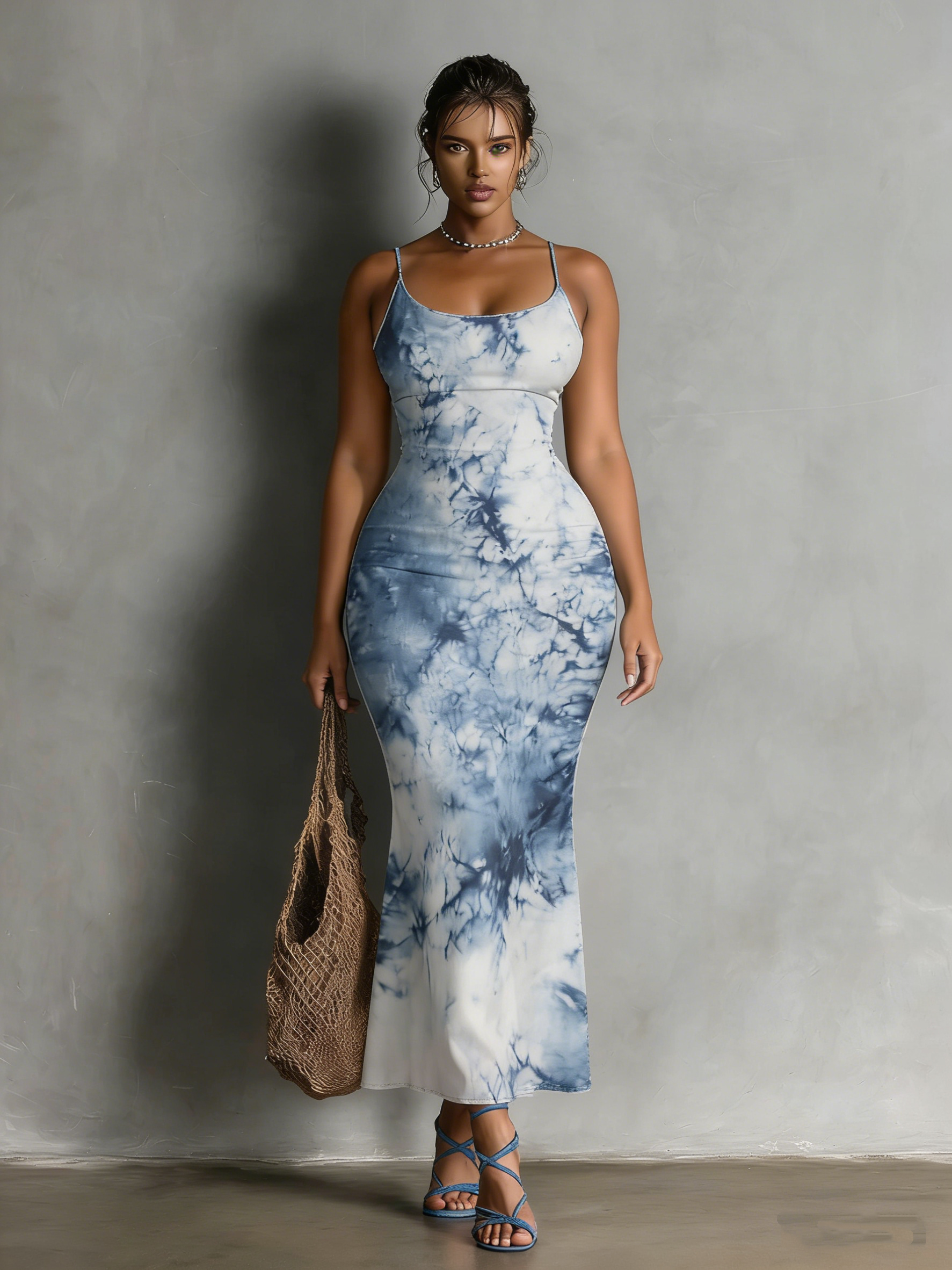 Indigo Tie-Dye Spaghetti Strap Mermaid Dress