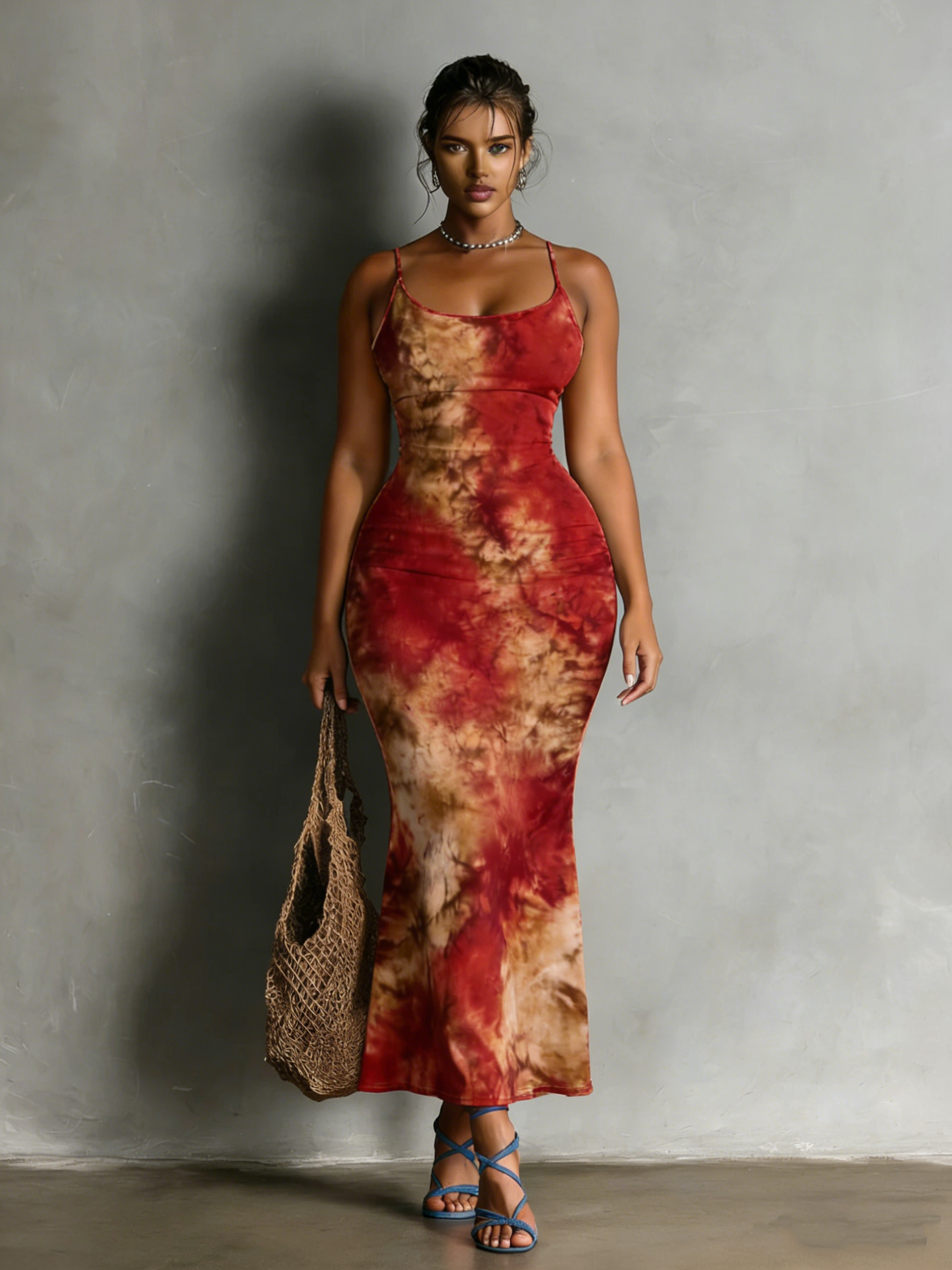 Red-Brown Tie-Dye Spaghetti Strap Mermaid Dress