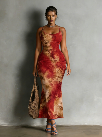 Red-Brown Tie-Dye Spaghetti Strap Mermaid Dress