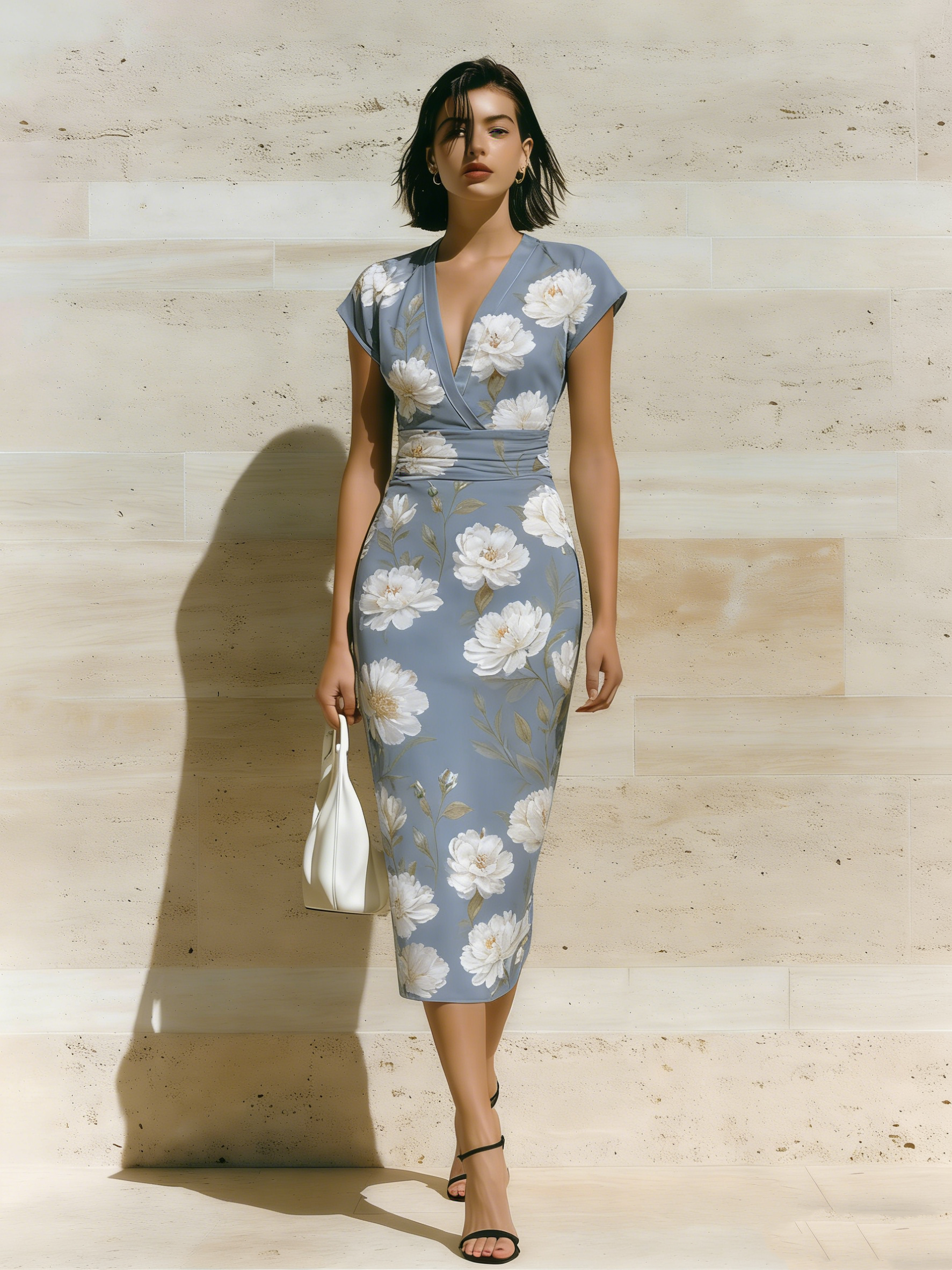 Dusty Blue Peony Cap Sleeve V-Neck Midi Dress ZXC591