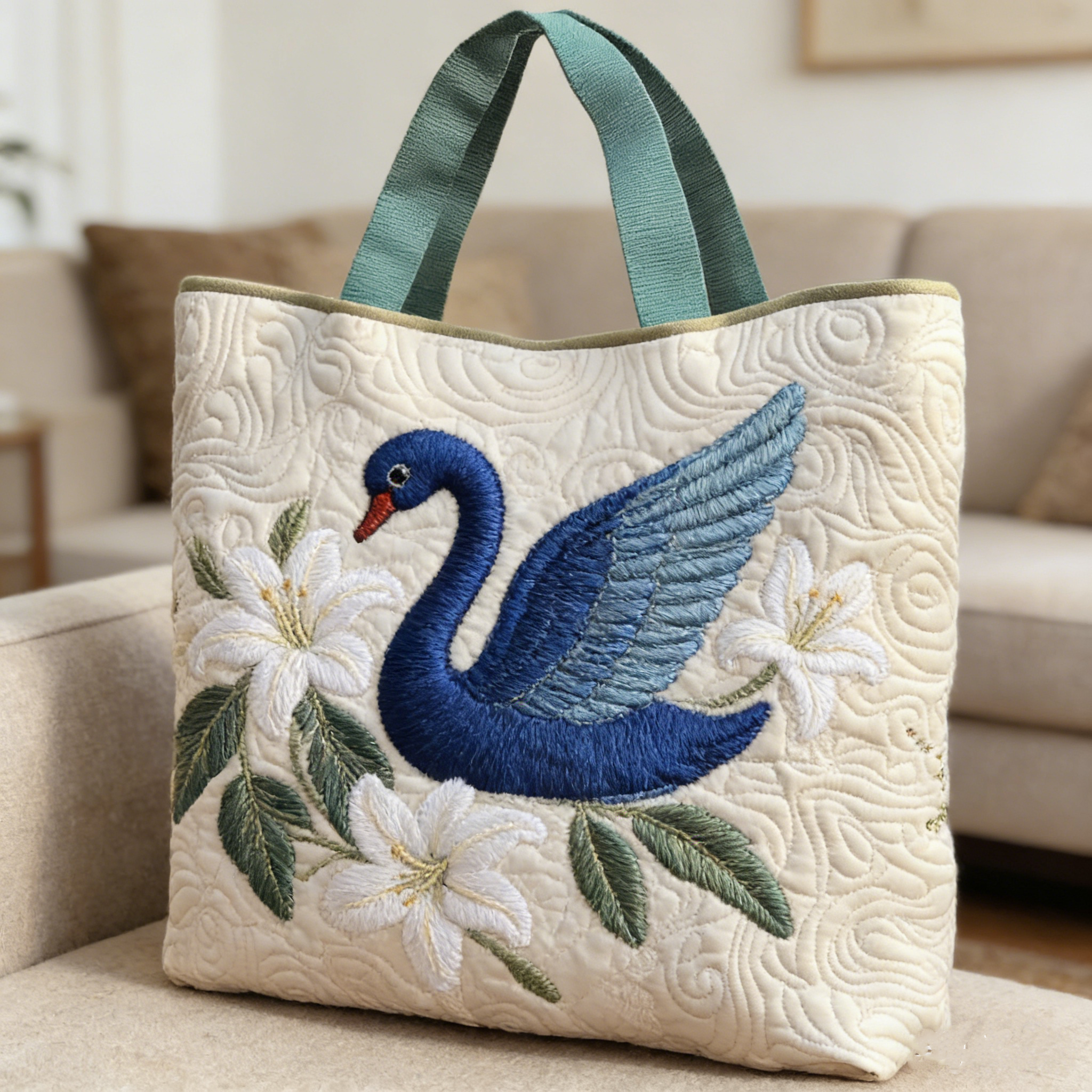 White Lily & Swan Quilted Tote Bag OPQWXY935