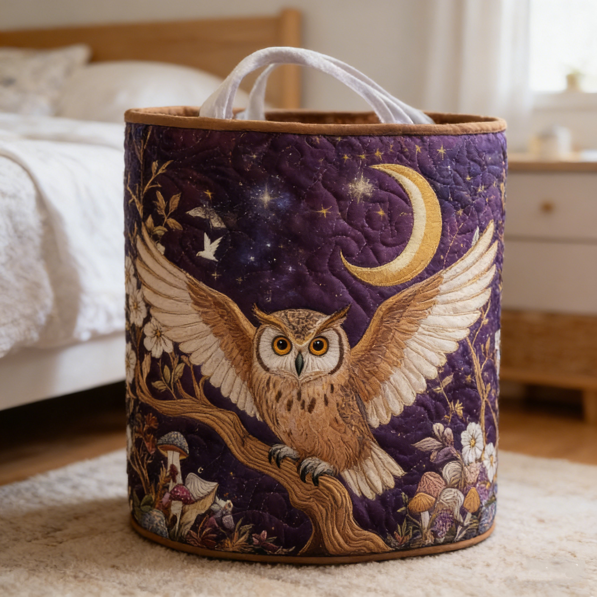 Midnight Flight Owl Quilted Laundry Basket HWDJ8956
