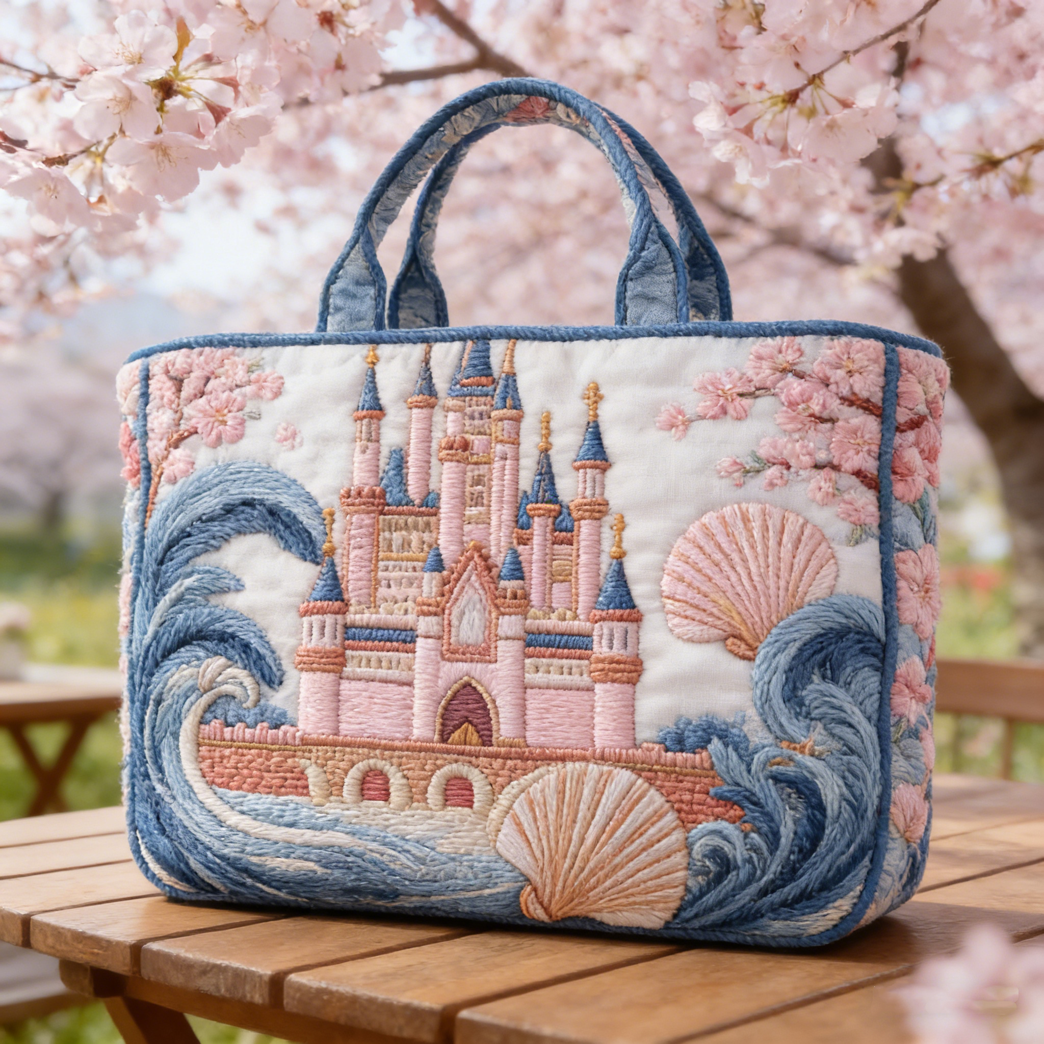 Cherry Blossom Coastal Castle Quilted Tote Bag TS51600