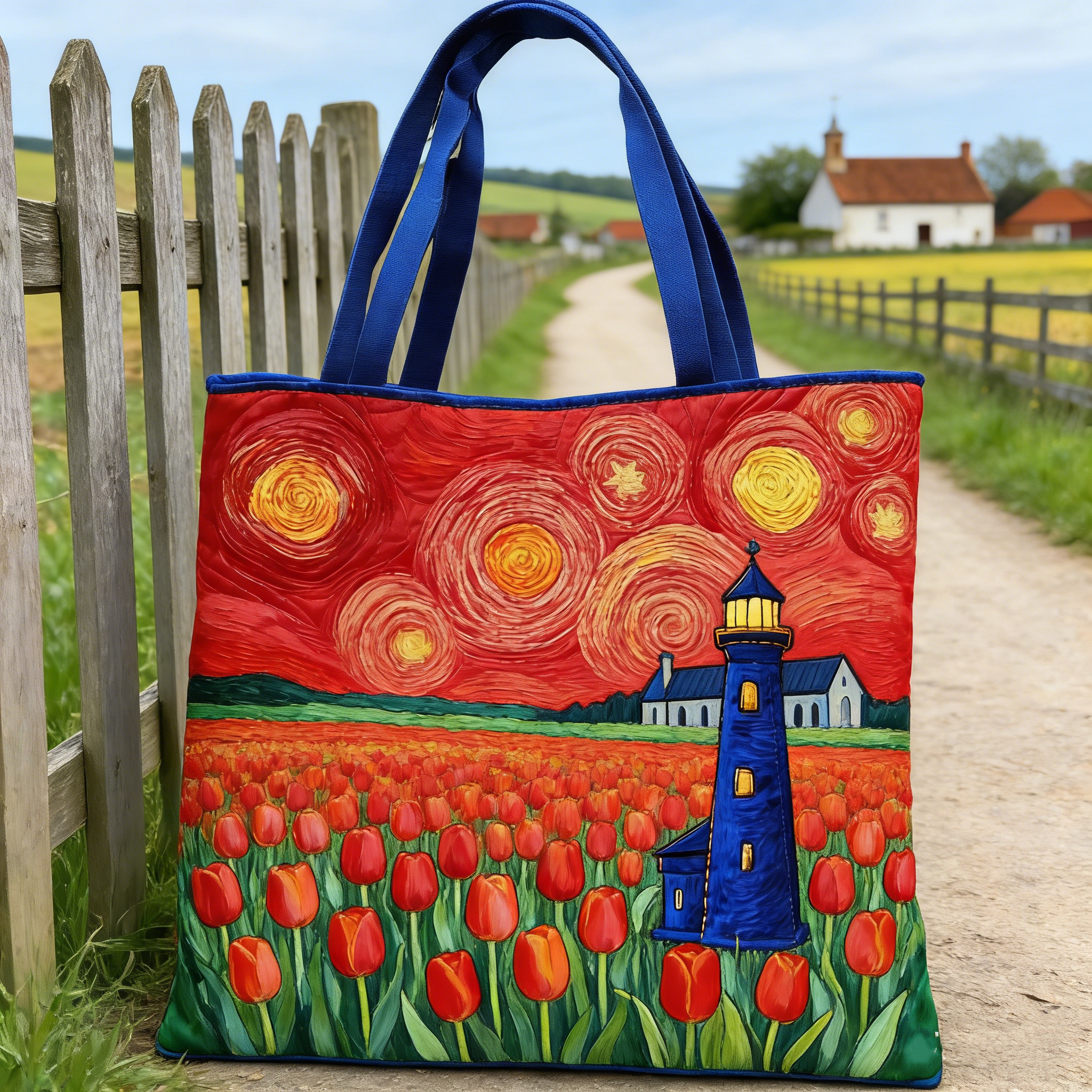 Starry Tulip Lighthouse Quilted Tote Bag
