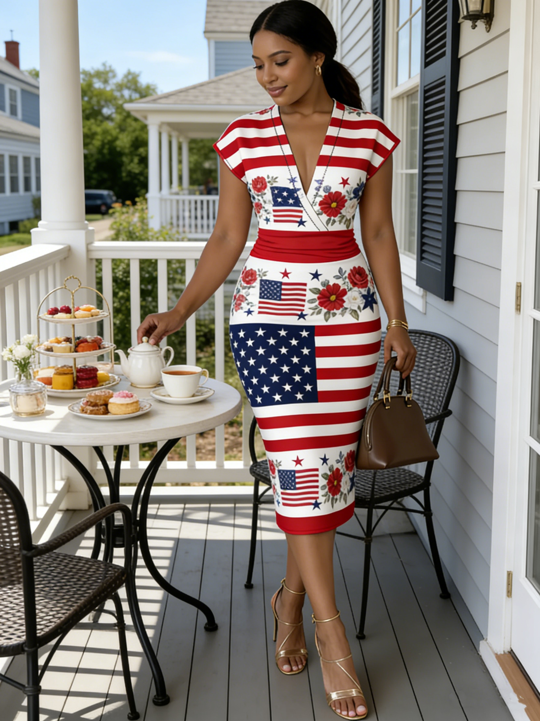American Flag Floral Independence Day Cap Sleeve V-Neck Midi Dress