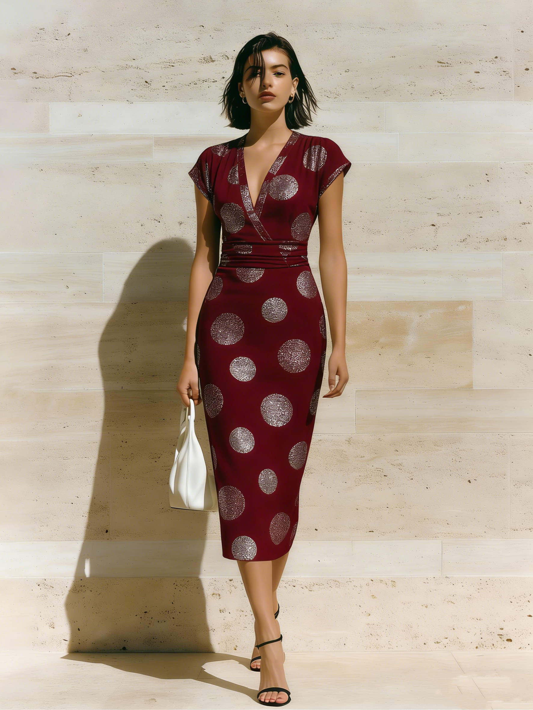 Burgundy & Silver Polka Dot Cap Sleeve V-Neck Midi Dress ZXC591