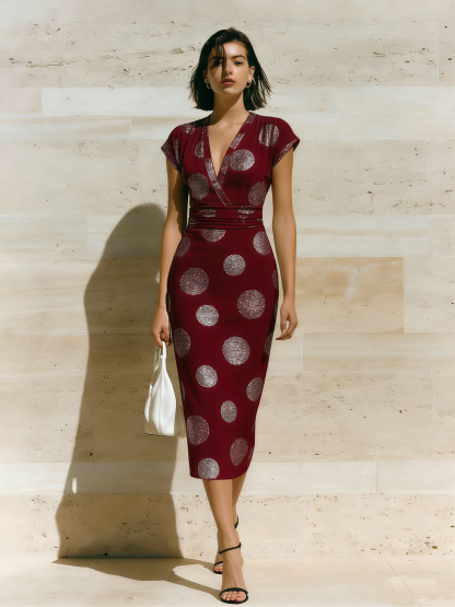 Burgundy & Silver Polka Dot Cap Sleeve V-Neck Midi Dress ZXC591
