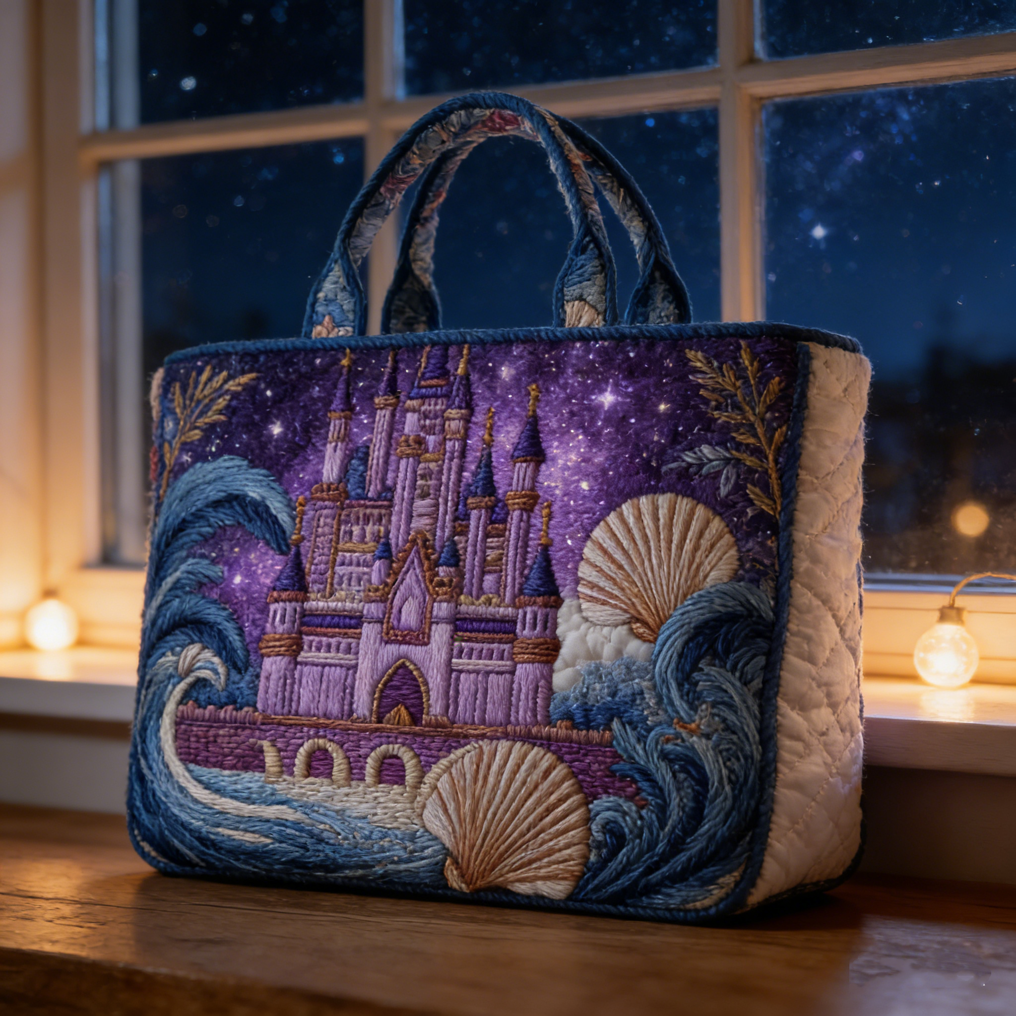 Starry Night Coastal Castle Quilted Tote Bag JF51700