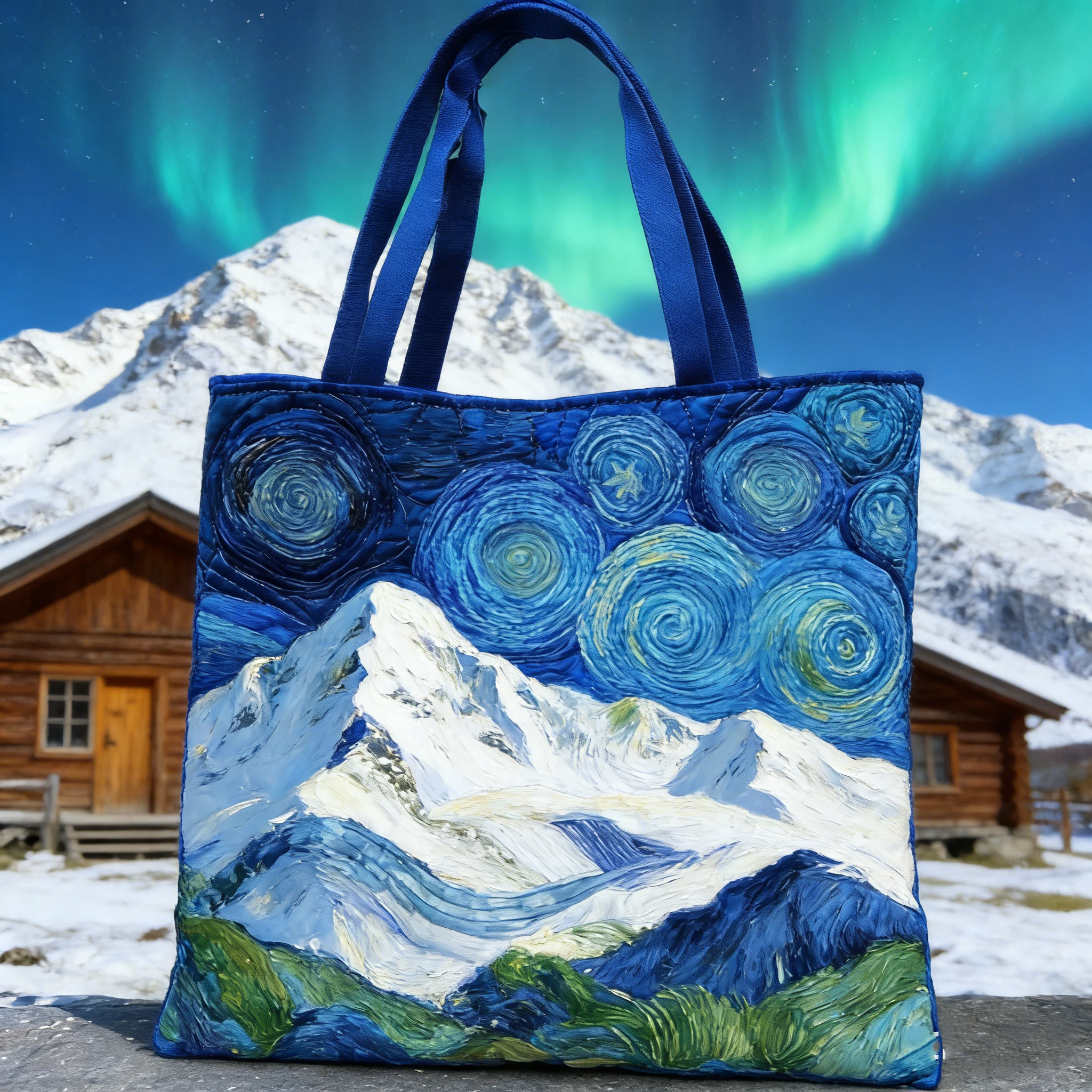 Starry Aurora Mountain Quilted Tote Bag