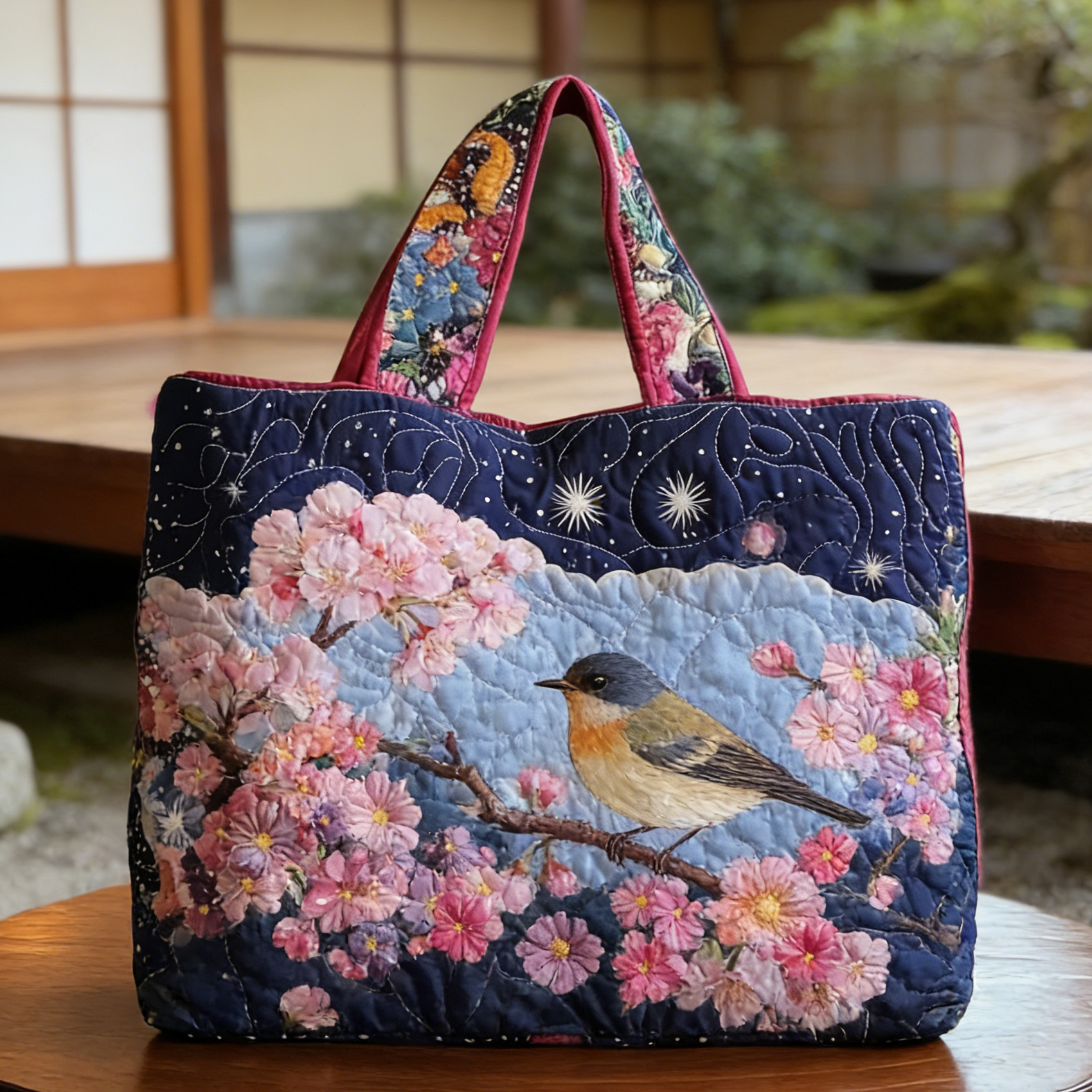 Starry Sakura-Bird Quilted Tote Bag