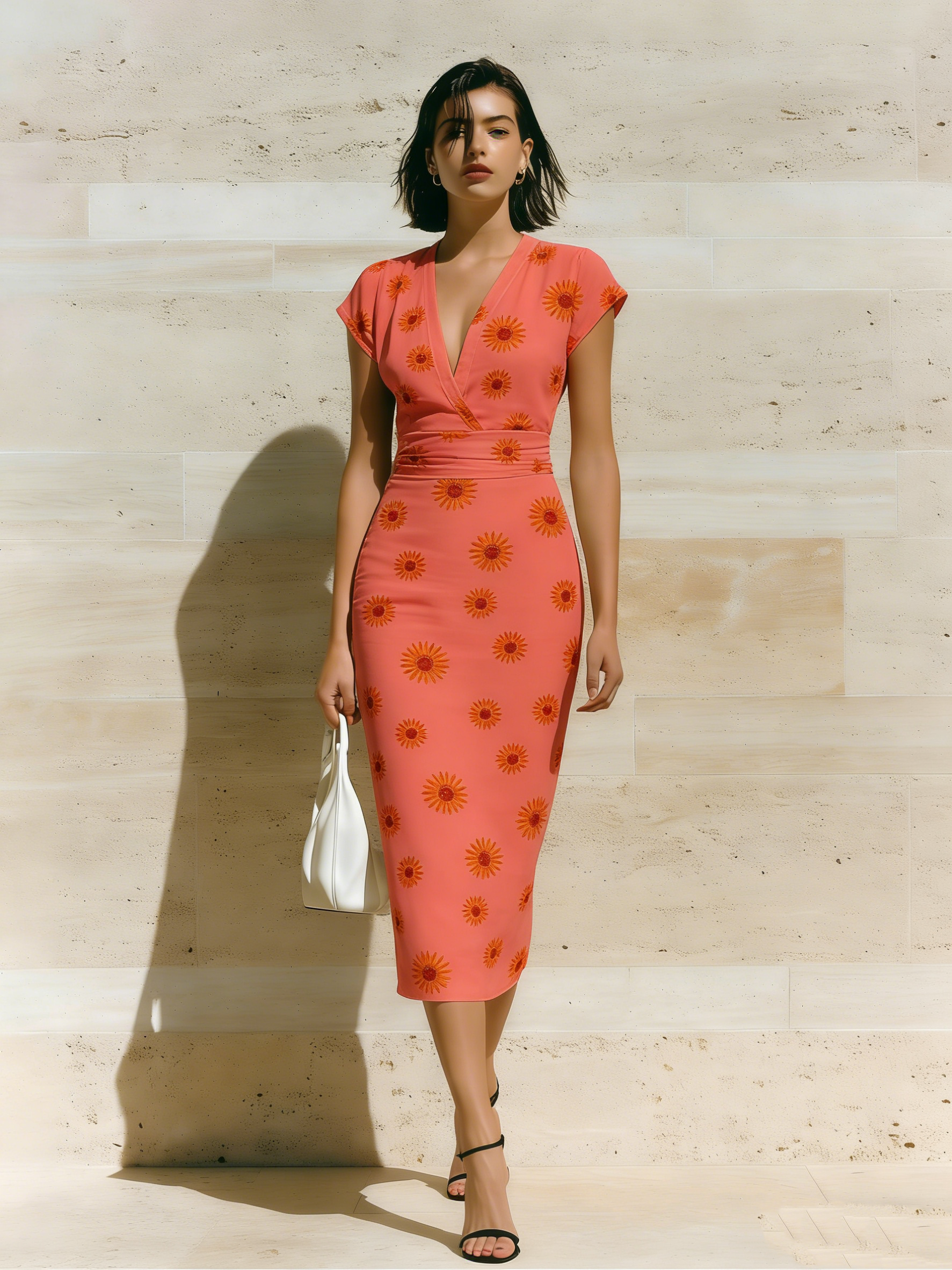 Coral Daisy Cap Sleeve V-Neck Midi Dress MNB426