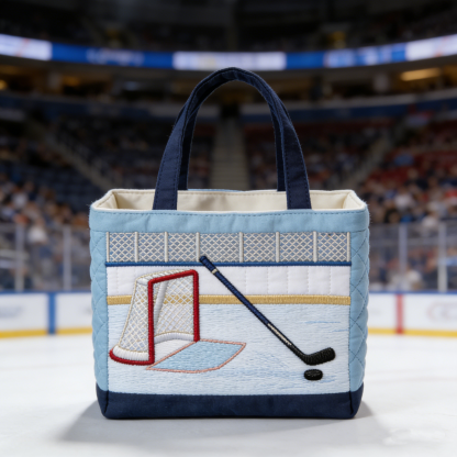 Handmade Quilted Sporty Tote Bag, Hockey Pattern Fabric Shoulder Handbag