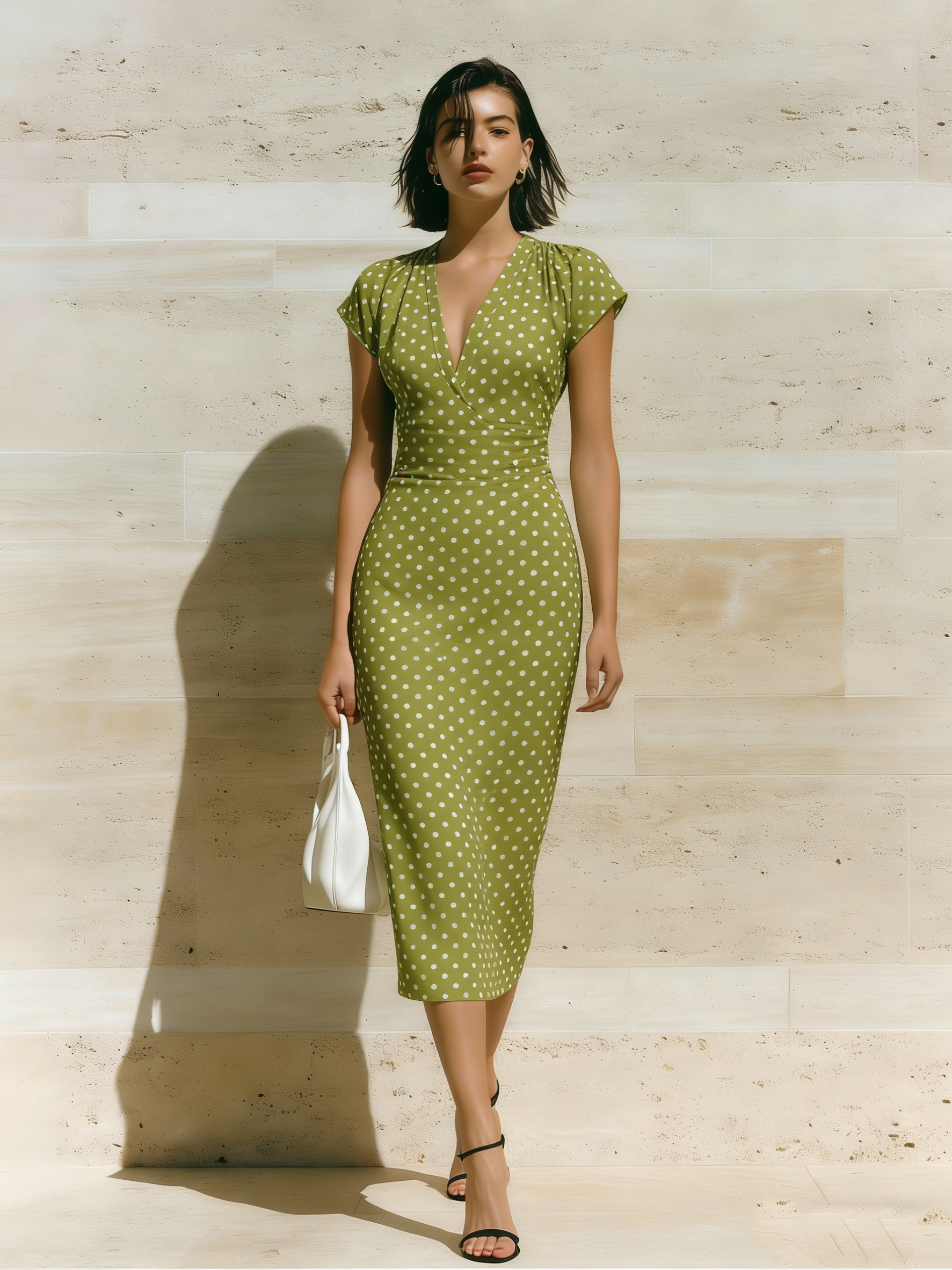 Green Polka Dot Cap Sleeve V-Neck Midi Dress BNR581