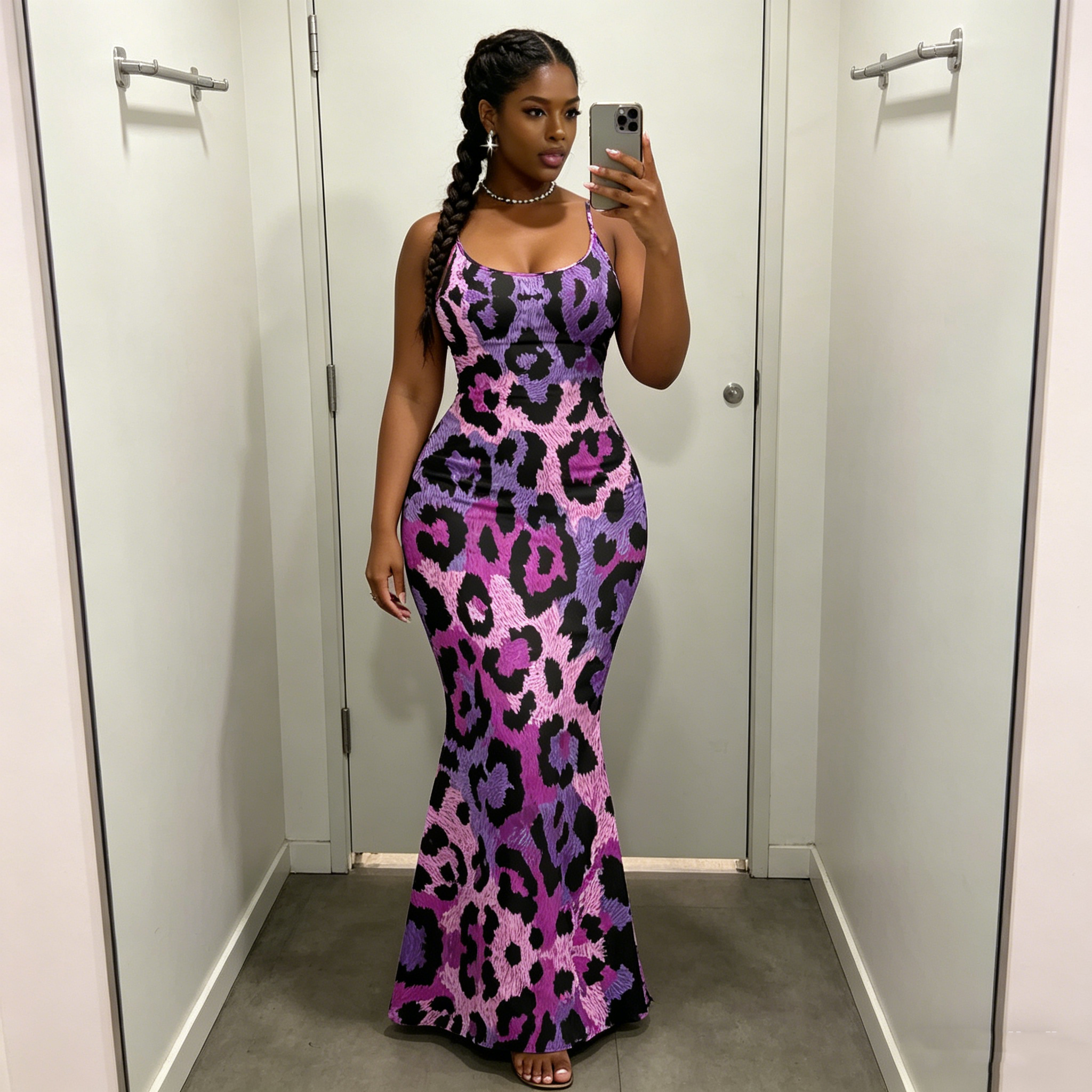 Pink & Black Leopard Spaghetti Strap Mermaid Dress