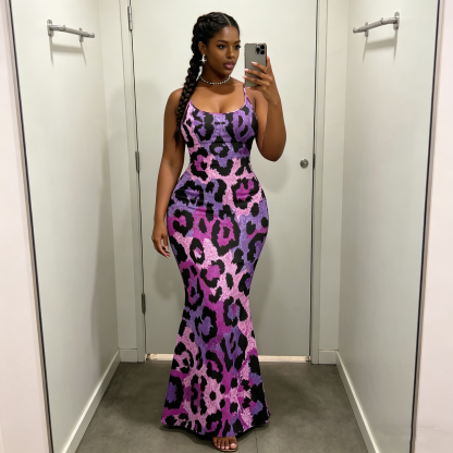 Pink & Black Leopard Spaghetti Strap Mermaid Dress