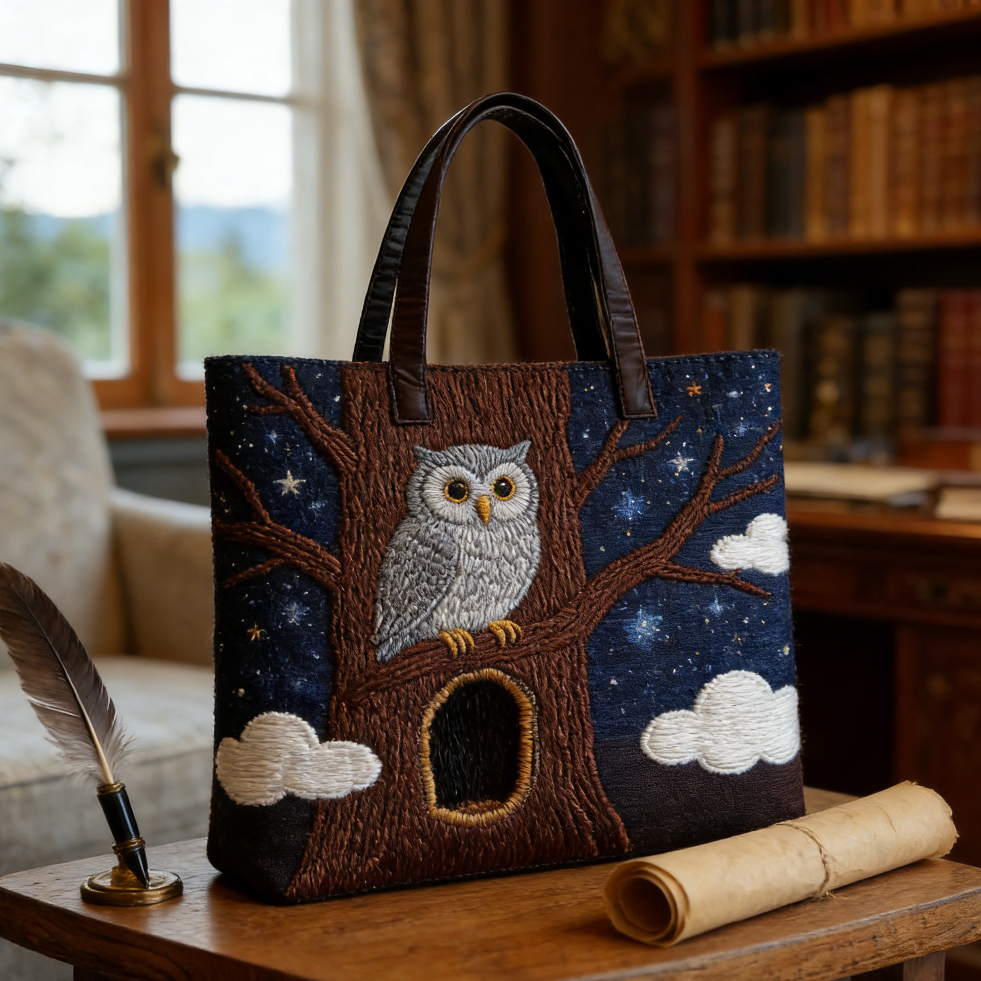 Quilted Starry Owl Tree Tote Bag