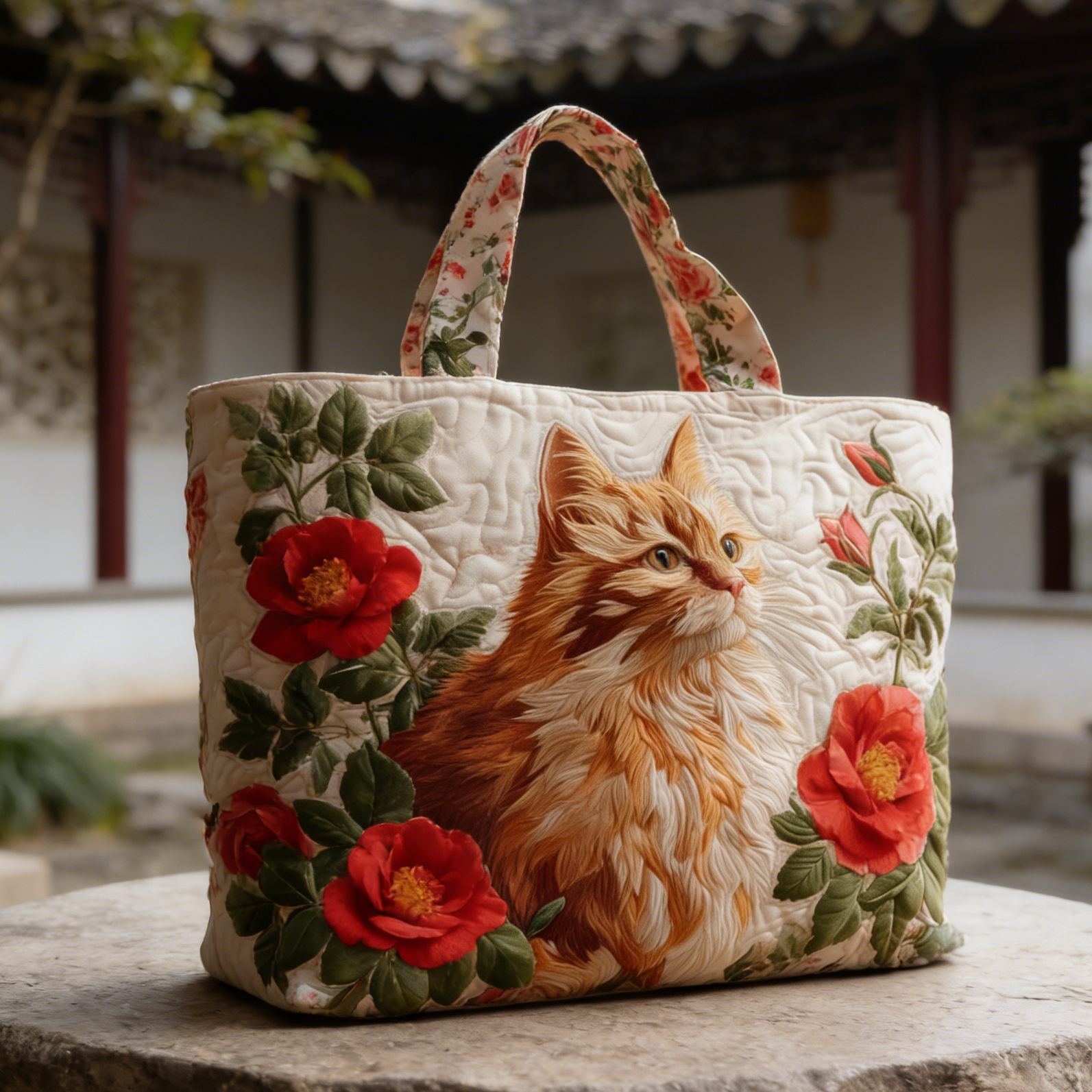 Ginger Cat & Red Rose Quilted Tote Bag QLP829