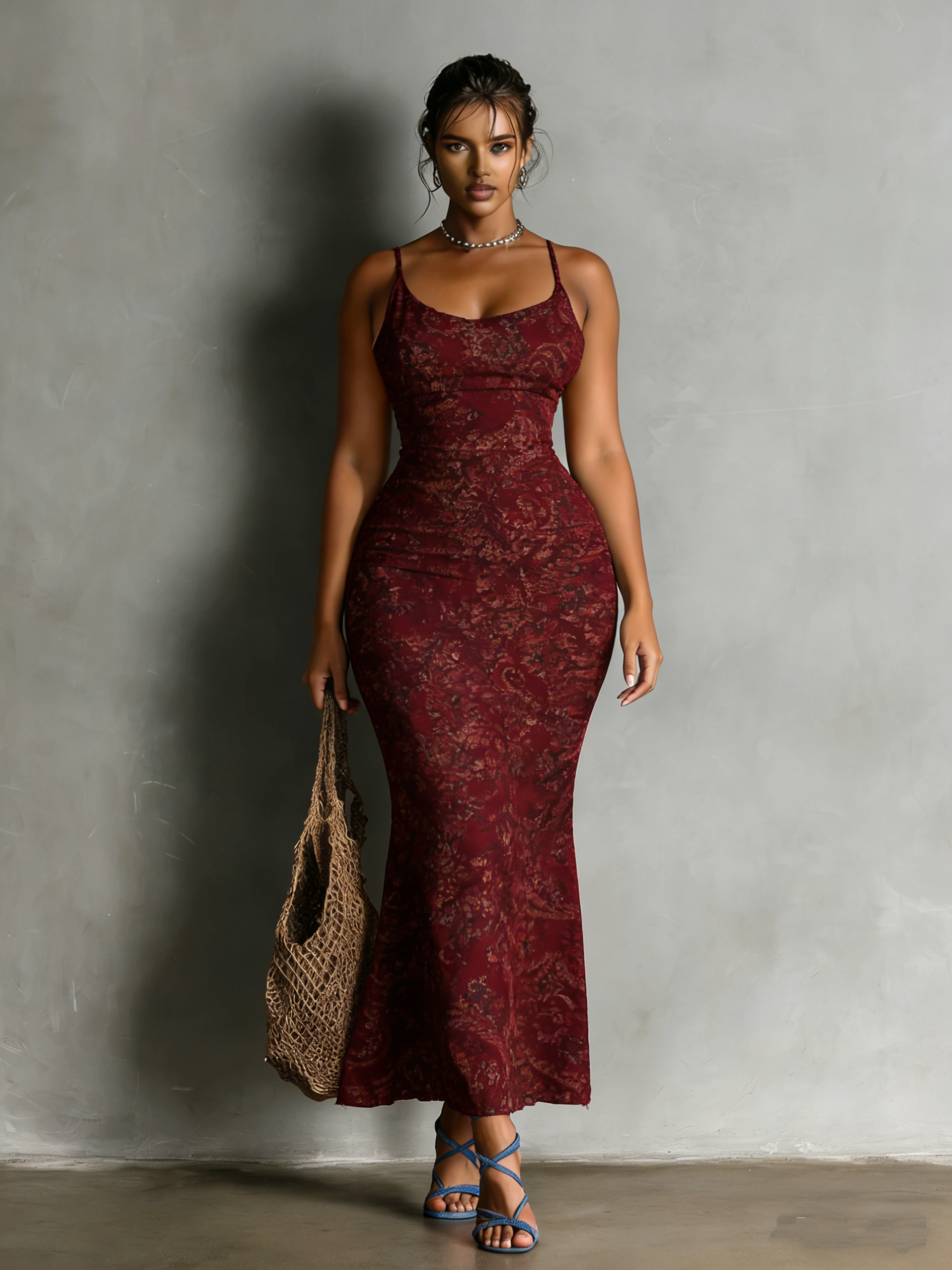Burgundy Floral Spaghetti Strap Mermaid Dress