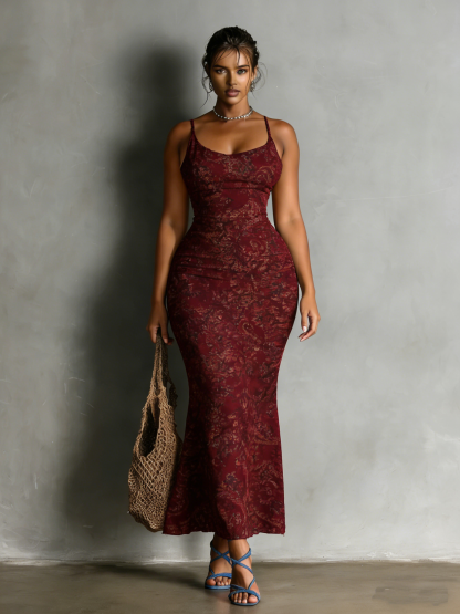 Burgundy Floral Spaghetti Strap Mermaid Dress