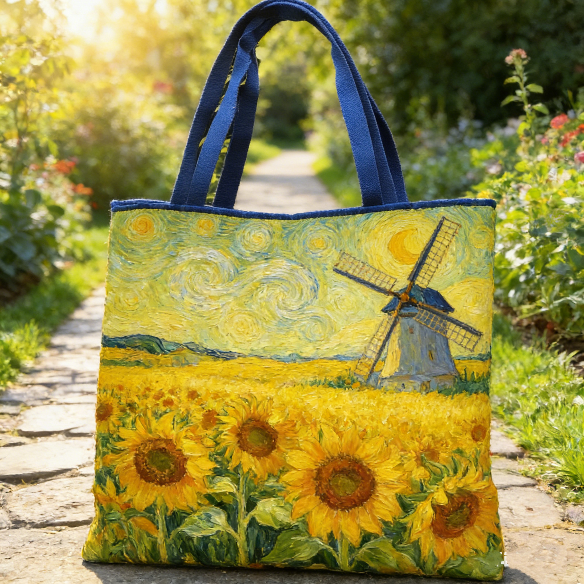 Starry Sunflower Windmill Quilted Tote Bag