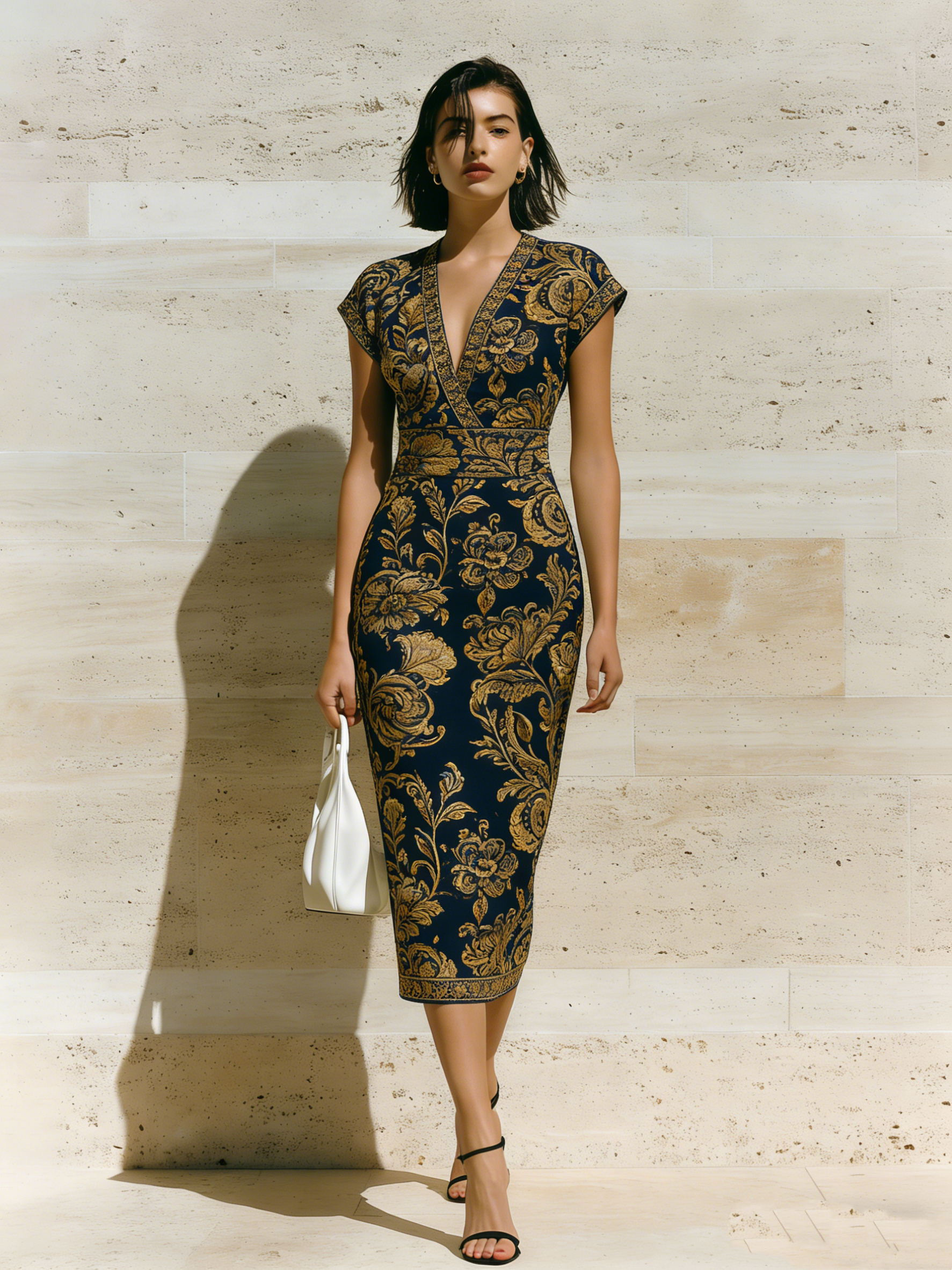 Navy & Gold Baroque Cap Sleeve V-Neck Midi Dress RTY817