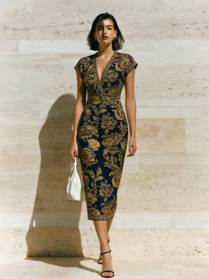 Navy & Gold Baroque Cap Sleeve V-Neck Midi Dress RTY817