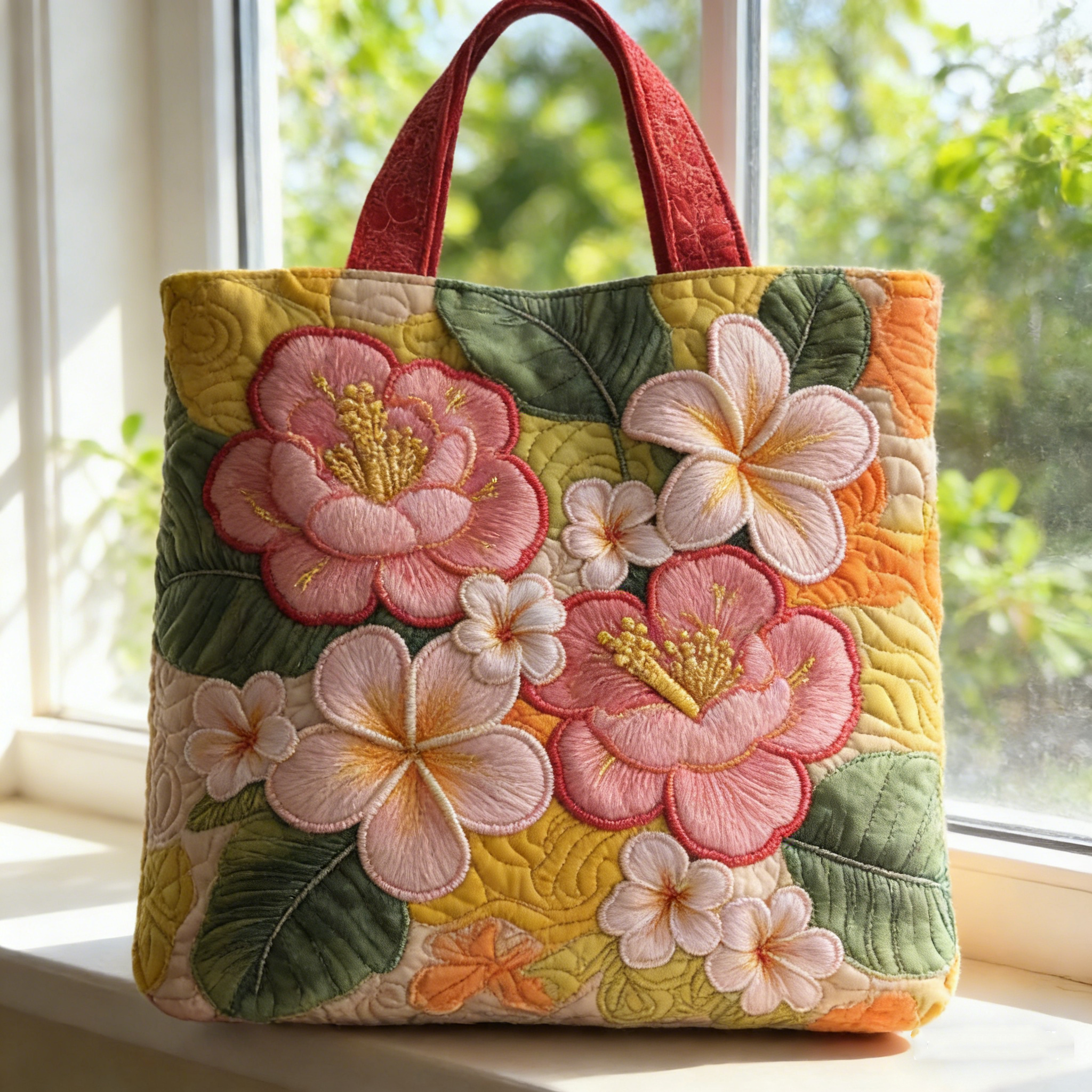 Warm-Toned Floral Quilted Tote BagEFGHDE392