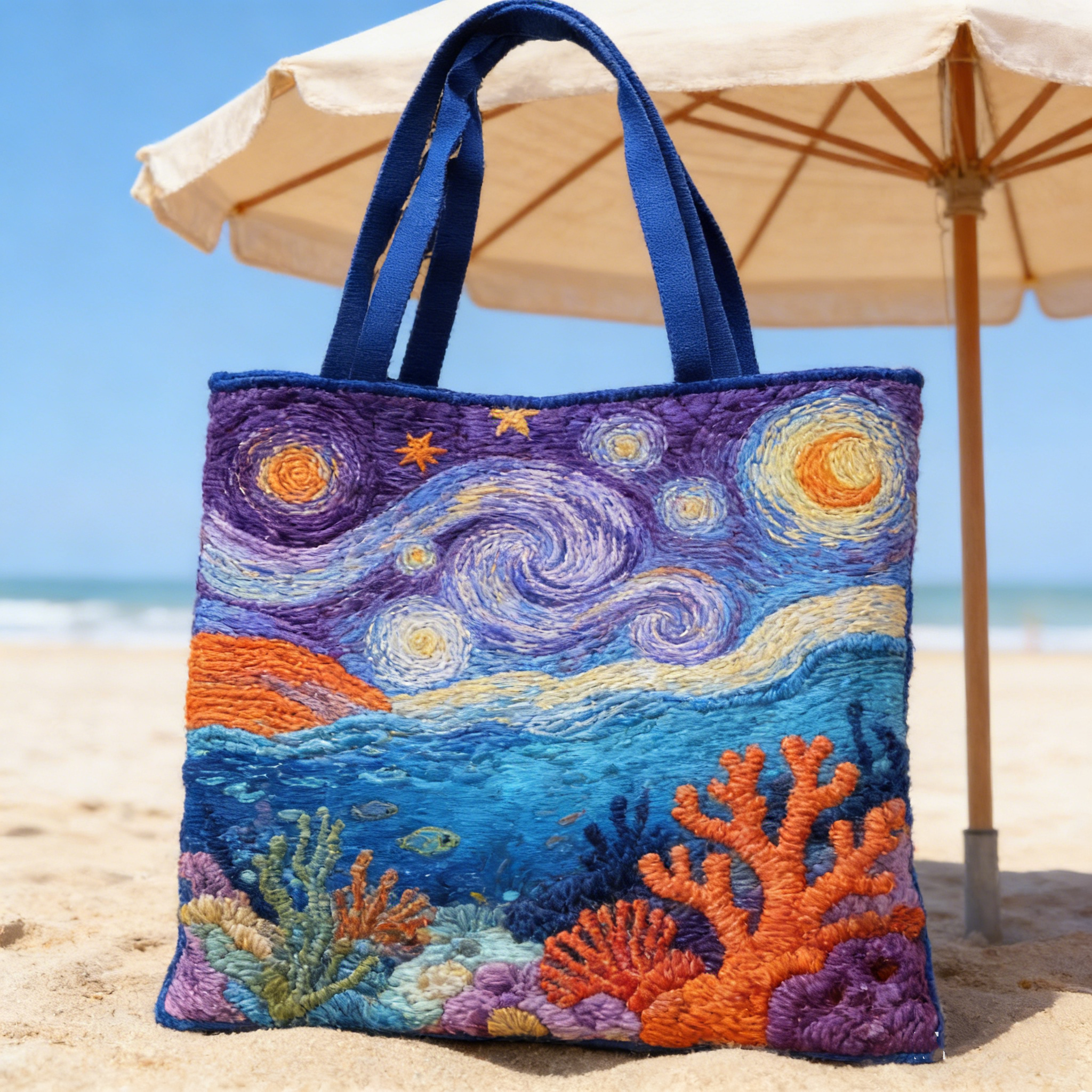 Van Gogh Starry Coral Quilted Tote Bag