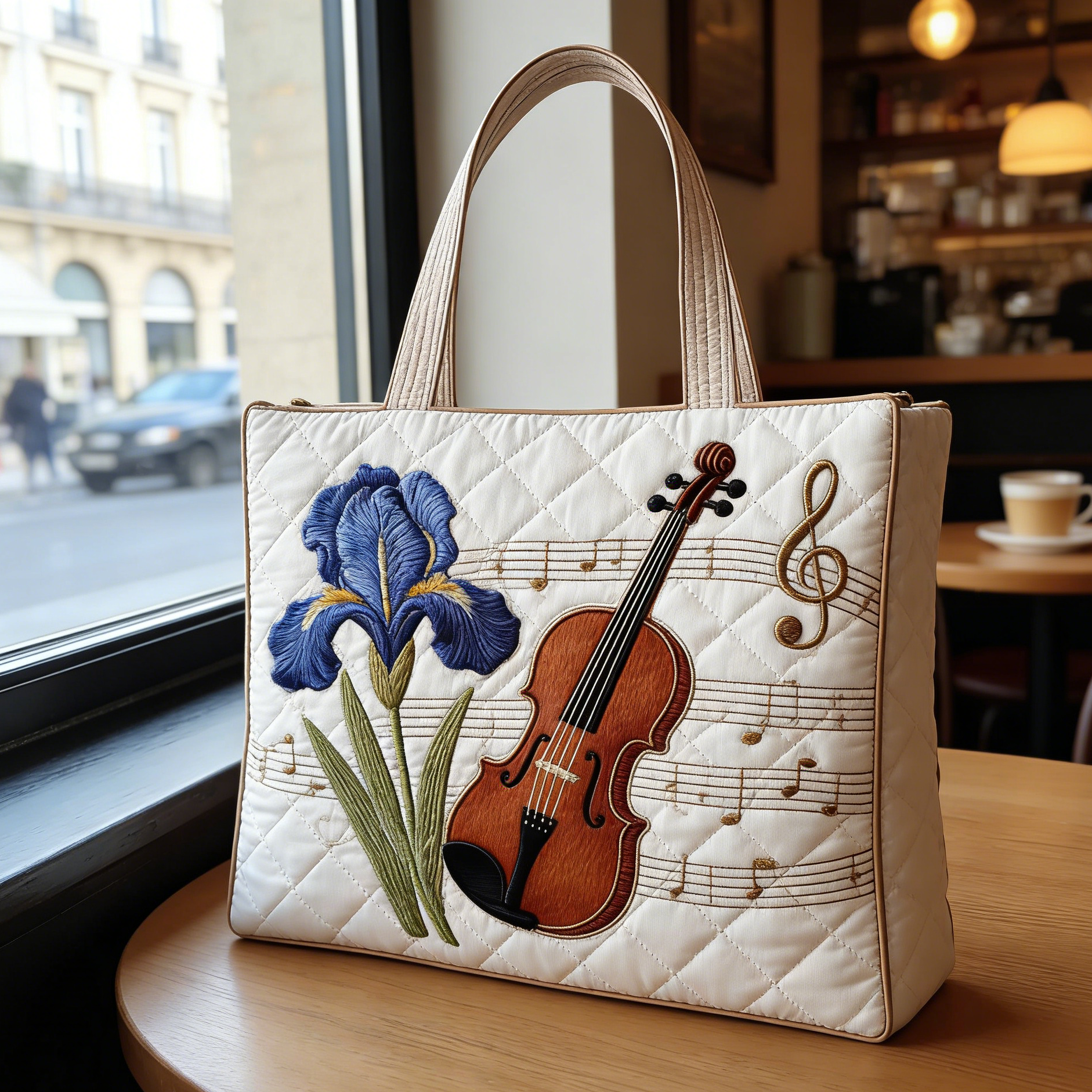 Cozy Violin & Iris Quilted Tote Bag