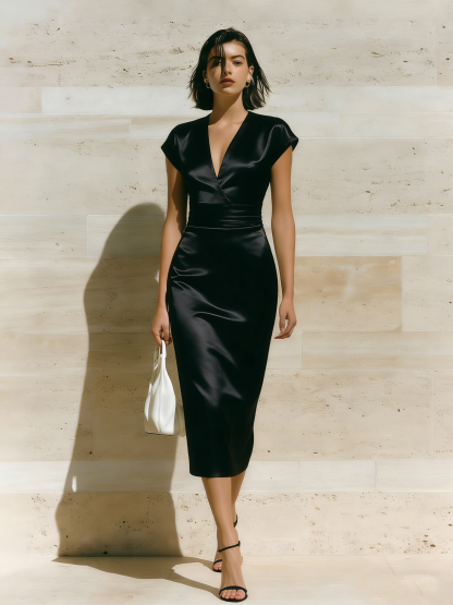 Black Minimalist Cap Sleeve V-Neck Midi Dress ASD359