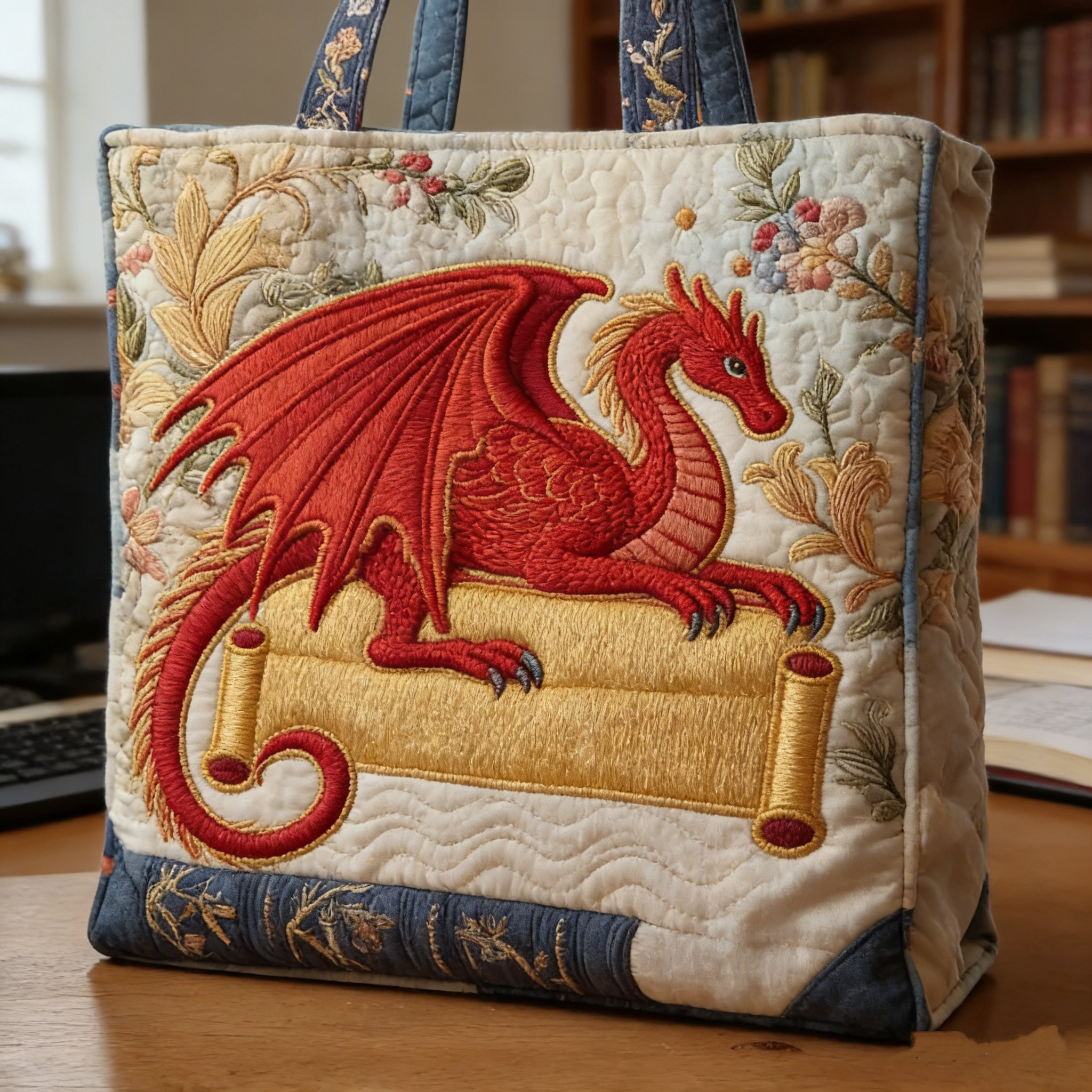 Red Dragon & Scroll Quilted Tote Bag IJKLEF805