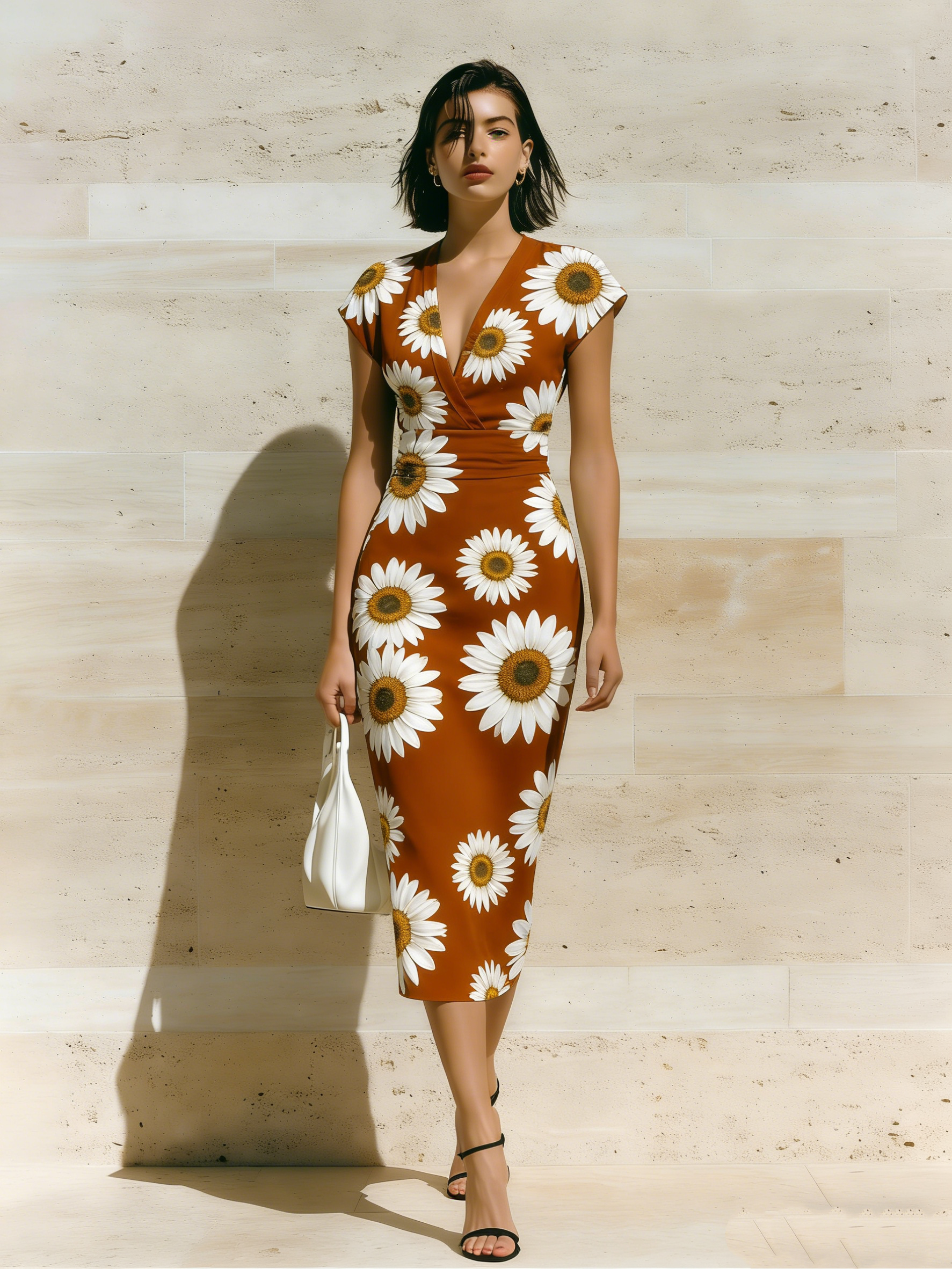 Rust Daisy Cap Sleeve V-Neck Midi Dress IOP674