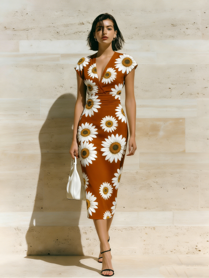 Rust Daisy Cap Sleeve V-Neck Midi Dress IOP674