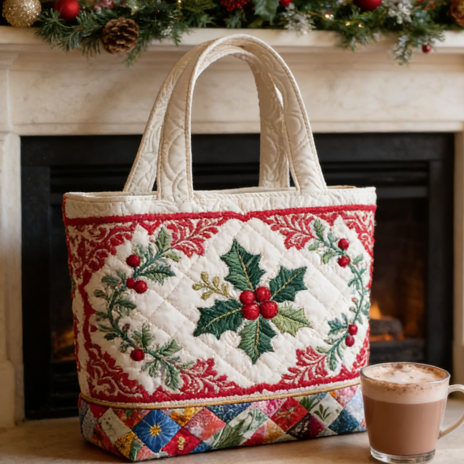 Holly Christmas Quilted Tote Bag