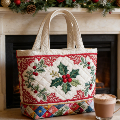 Holly Christmas Quilted Tote Bag