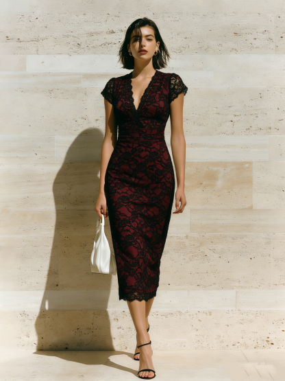 Burgundy & Black Lace Cap Sleeve V-Neck Midi Dress LKJ925