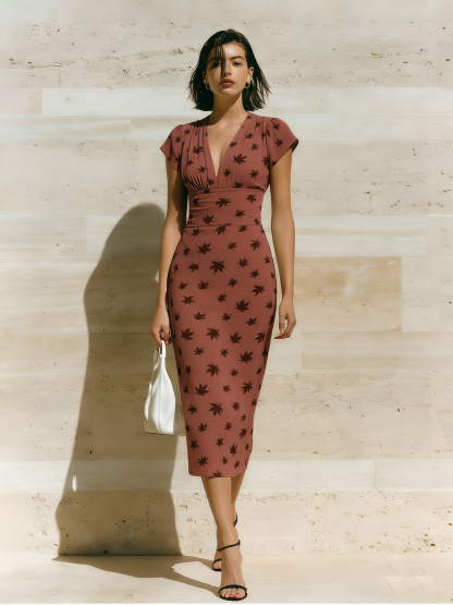 Dusty Rose Maple Leaf Cap Sleeve V-Neck Midi Dress CVB183
