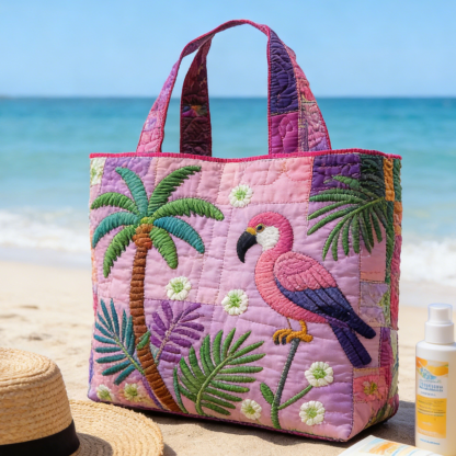 Flamingo & Palm Quilted Tote Bag