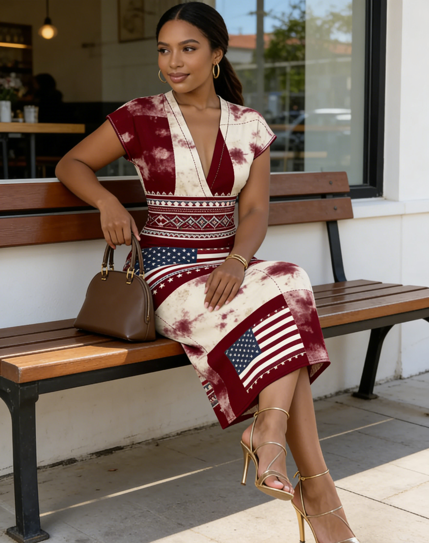 Burgundy & Cream Tribal Independence Day Cap Sleeve V-Neck Midi Dress