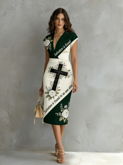 Olive Green & Cream Faith Easter Cap Sleeve V-Neck Midi Dress