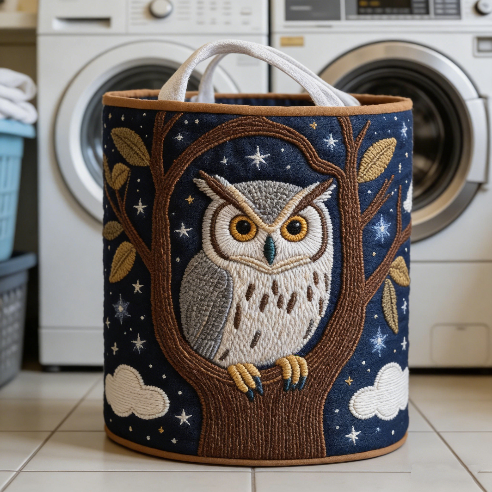 Starry Forest Owl Quilted Laundry Basket APWD1849
