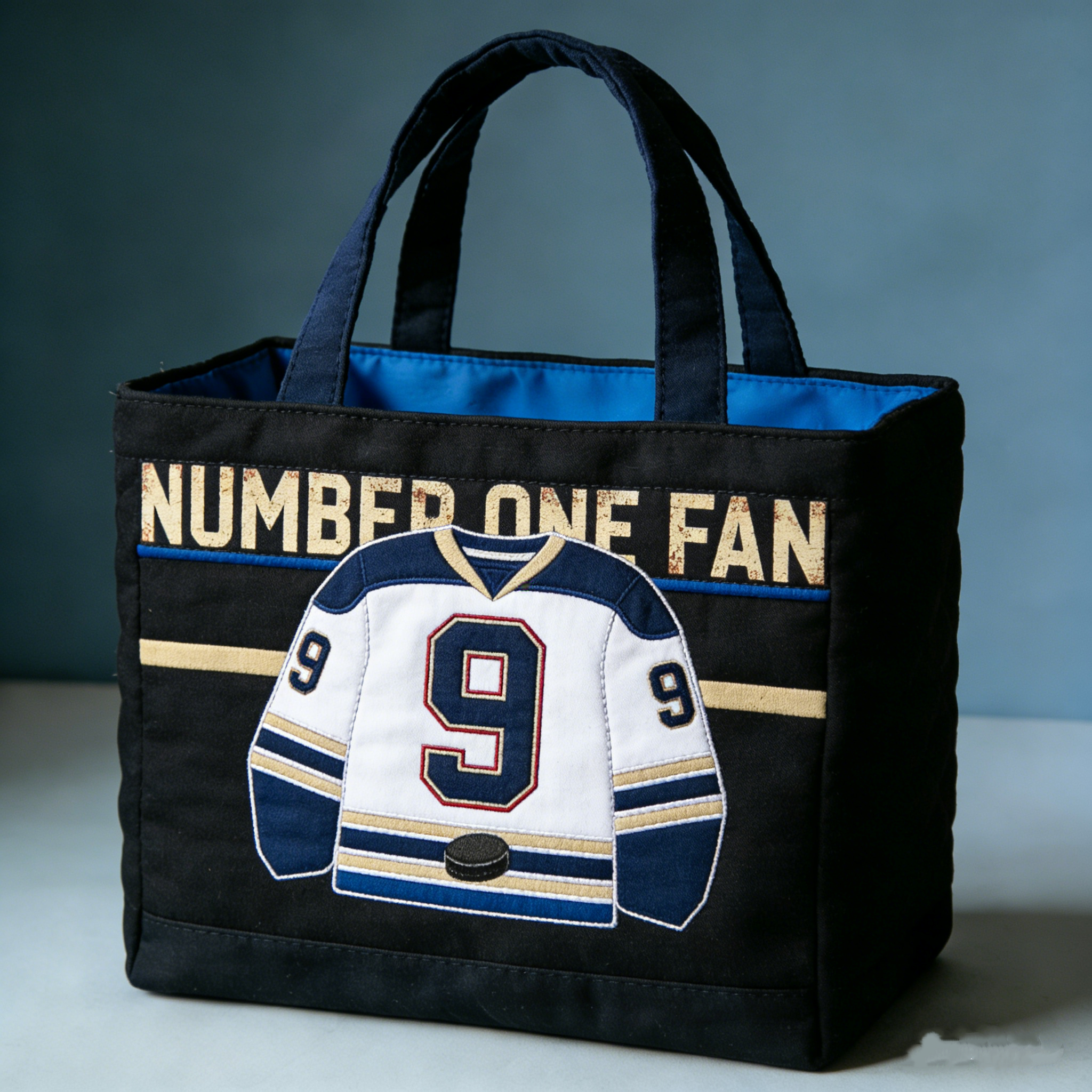 Handmade Quilted Sporty Tote Bag, Hockey Pattern Fabric Shoulder Handbag