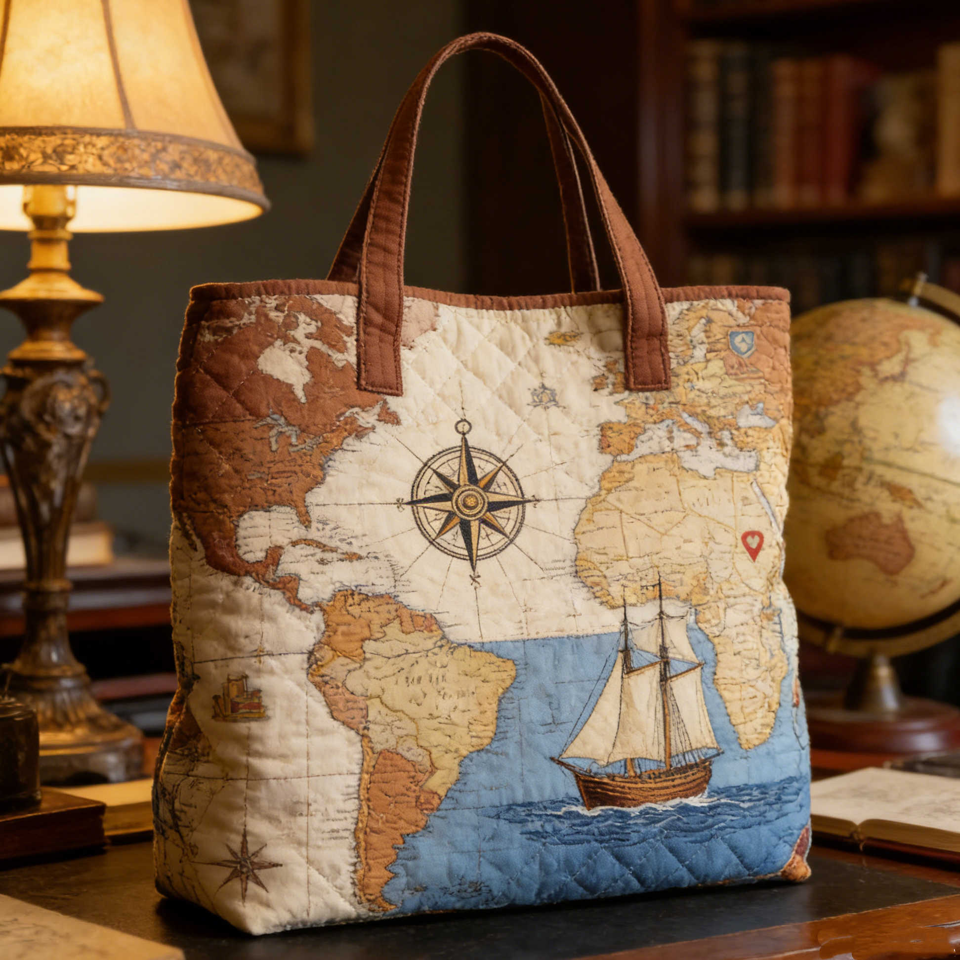 Explorer Map & Sailboat Quilted Tote Bag