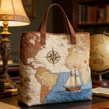 Explorer Map & Sailboat Quilted Tote Bag